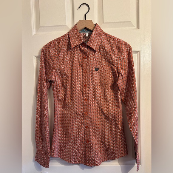 Cinch Women's Orange Geo Print Long Sleeve Western Shirt Xs Button Down - Picture 6 of 9
